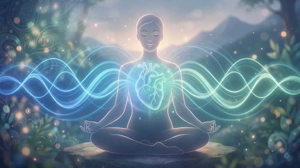 Person meditating with a luminous heart radiating energy waves